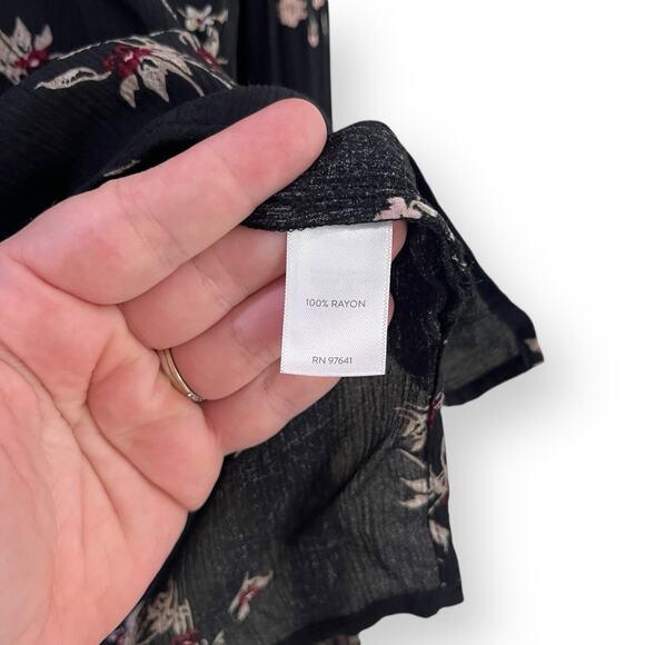 J Jill Top Womens Size M Blouse Black Crinkle Floral Long Sleeve Ruffle V Neck - Picture 6 of 10